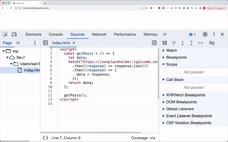 chrome devtools setting breakpoints to debug