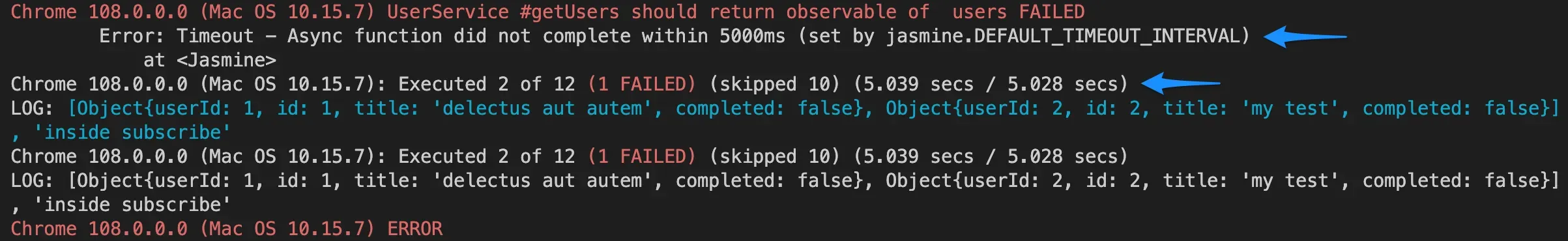 asynchronous observable unit testing with jasmine/karma